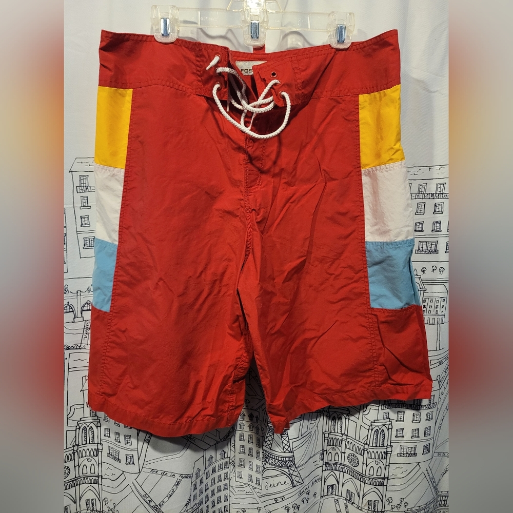 EUC Men's Red Fossil Beach Issue Board Shorts Size 34